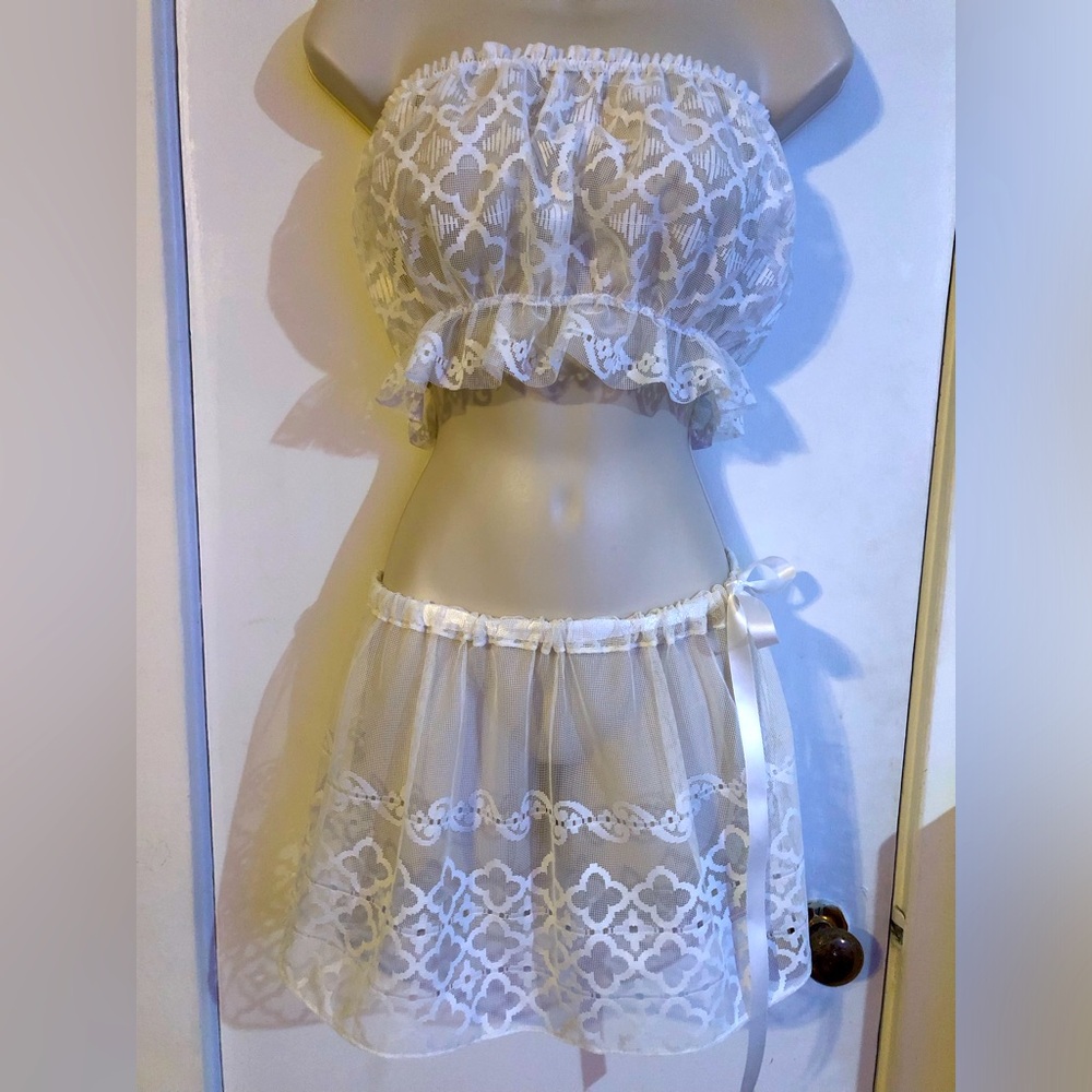 Vintage 60s Lattice Lace Beach Cover up Wrap Skirt Crop Top Coastal Coquette